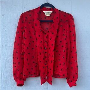 Vintage Red and Black Puff Sleeve Blouse with Tie Front